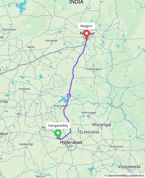 Route map showing distance and travel time from Sangareddy, India to Nagpur, India