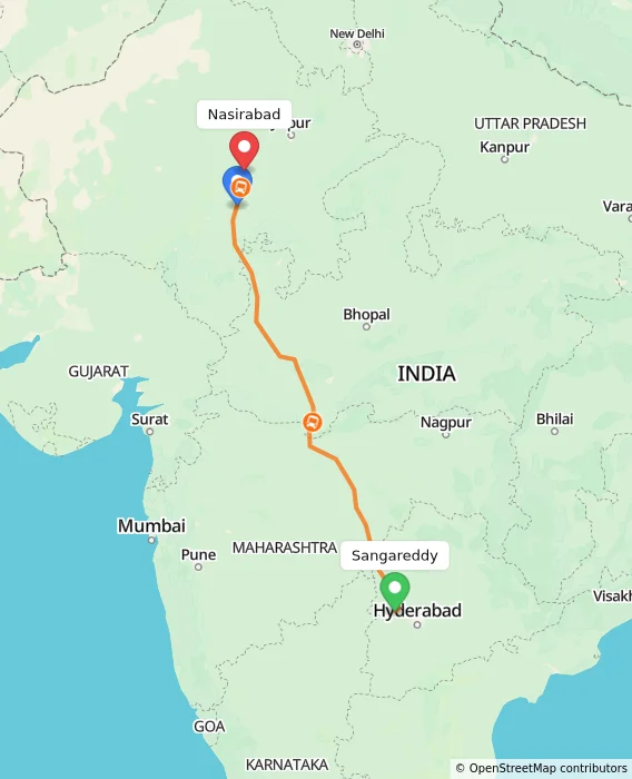 Route map showing distance and travel time from Sangareddy, India to Nasirabad, India