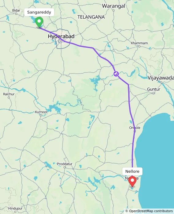 Route map showing distance and travel time from Sangareddy, India to Nellore, India