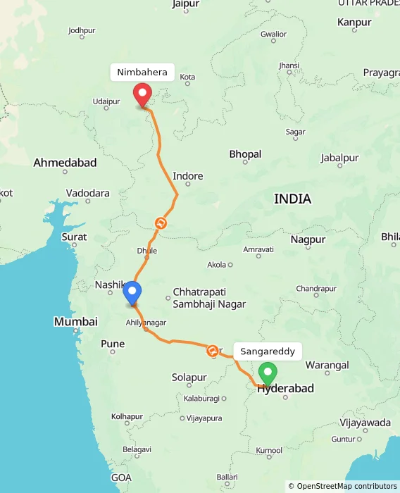 Route map showing distance and travel time from Sangareddy, India to Nimbahera, India