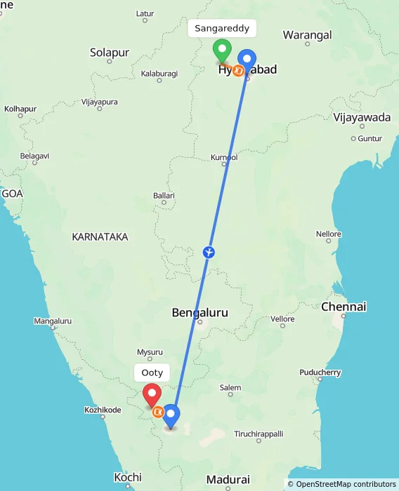 Route map showing distance and travel time from Sangareddy, India to Ooty, India