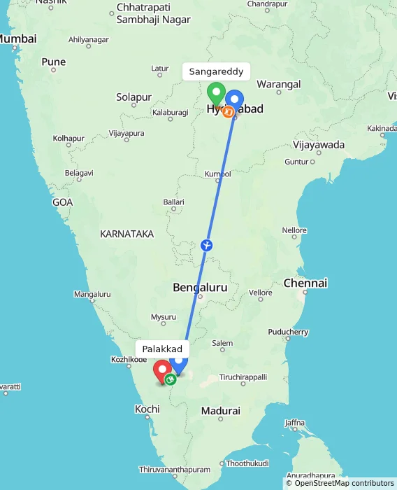Route map showing distance and travel time from Sangareddy, India to Palakkad, India