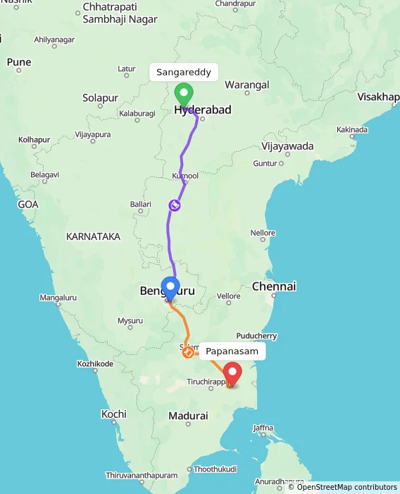 Route map showing distance and travel time from Sangareddy, India to Papanasam, India