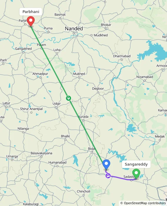 Route map showing distance and travel time from Sangareddy, India to Parbhani, India