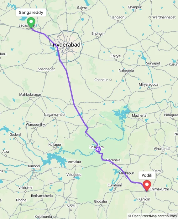 Route map showing distance and travel time from Sangareddy, India to Podili, India