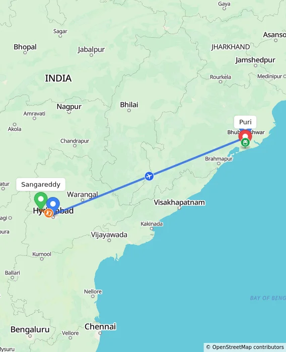Route map showing distance and travel time from Sangareddy, India to Puri, India