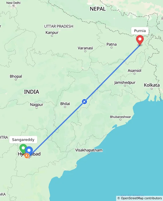 Route map showing distance and travel time from Sangareddy, India to Purnia, India