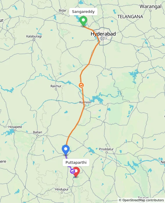 Route map showing distance and travel time from Sangareddy, India to Puttaparthi, India