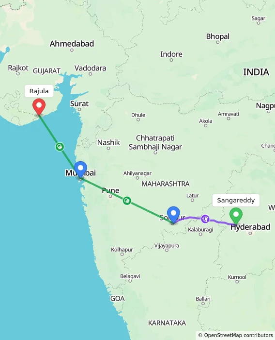 Route map showing distance and travel time from Sangareddy, India to Rajula, India