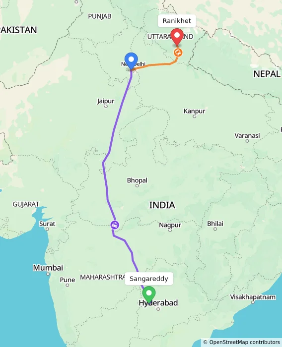 Route map showing distance and travel time from Sangareddy, India to Ranikhet, India