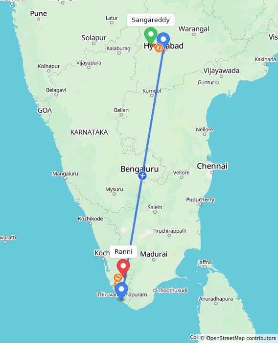Route map showing distance and travel time from Sangareddy, India to Ranni, India