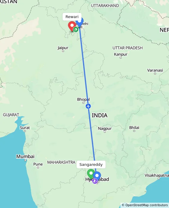 Route map showing distance and travel time from Sangareddy, India to Rewari, India