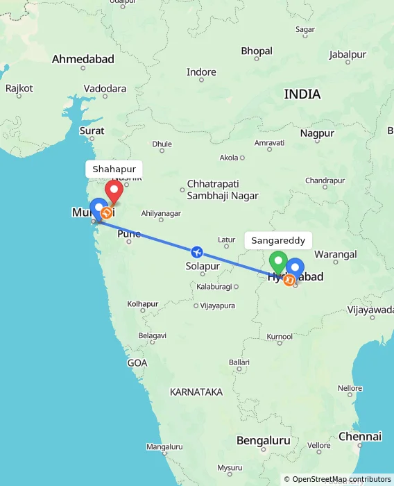 Route map showing distance and travel time from Sangareddy, India to Shahapur, India