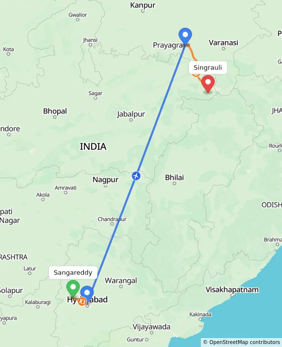 Route map showing distance and travel time from Sangareddy, India to Singrauli, India
