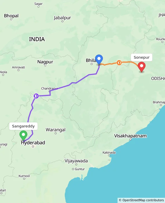 Route map showing distance and travel time from Sangareddy, India to Sonepur, India