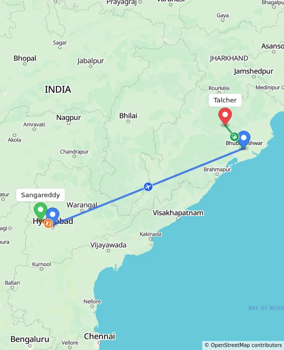 Route map showing distance and travel time from Sangareddy, India to Talcher, India