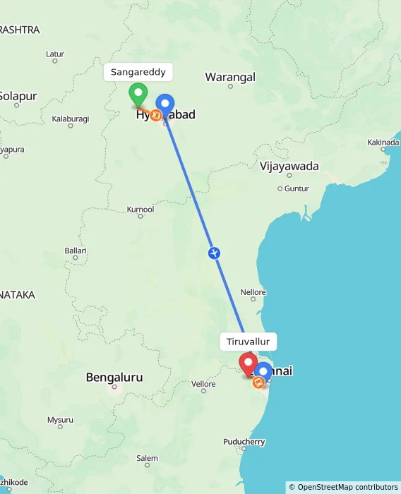 Route map showing distance and travel time from Sangareddy, India to Tiruvallur, India