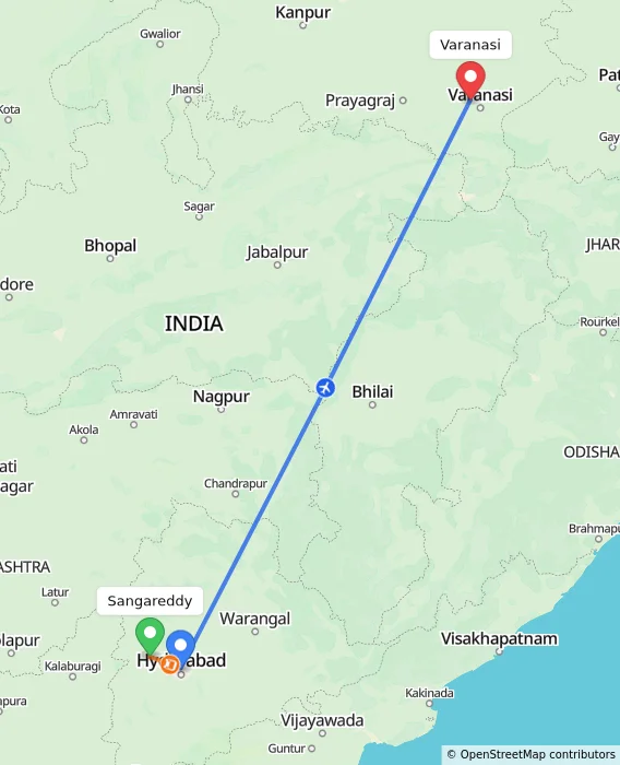 Route map showing distance and travel time from Sangareddy, India to Varanasi, India