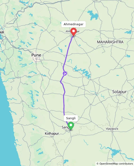 Route map showing distance and travel time from Sangli, India to Ahmednagar, India