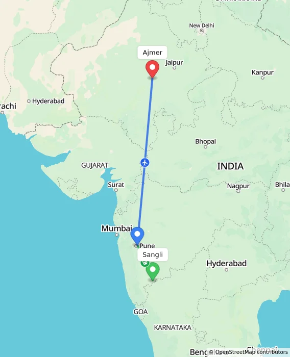 Route map showing distance and travel time from Sangli, India to Ajmer, India