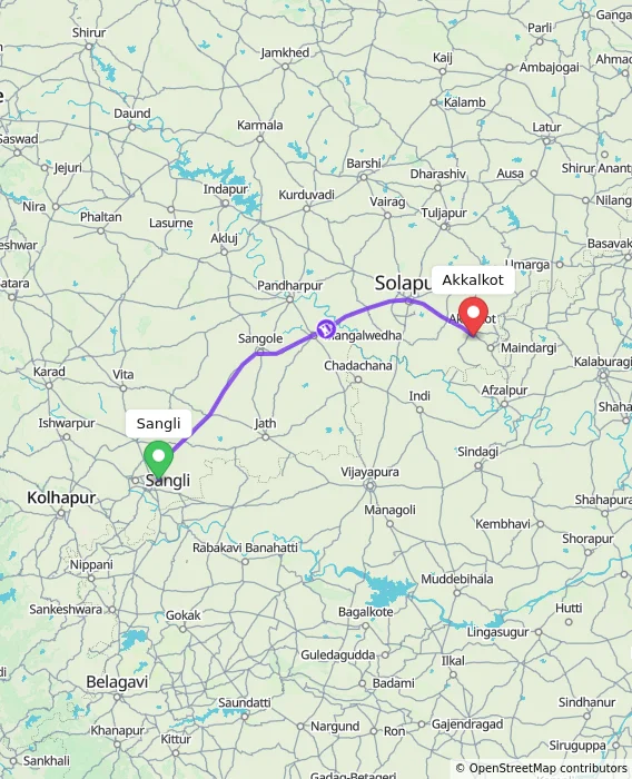 Route map showing distance and travel time from Sangli, India to Akkalkot, India