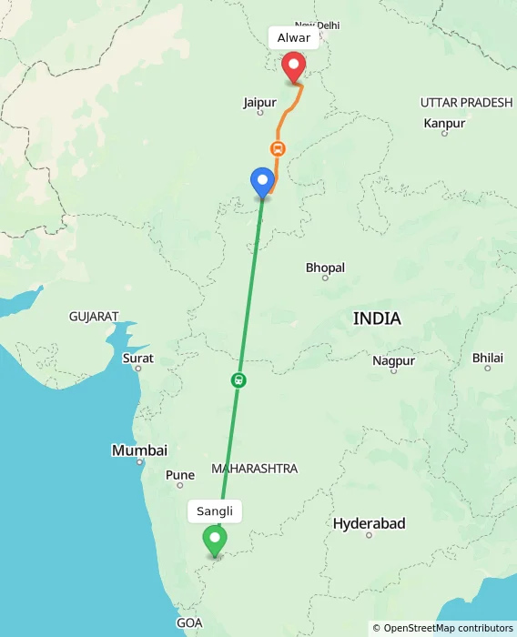 Route map showing distance and travel time from Sangli, India to Alwar, India