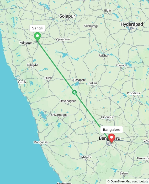 Route map showing distance and travel time from Sangli, India to Bangalore, India