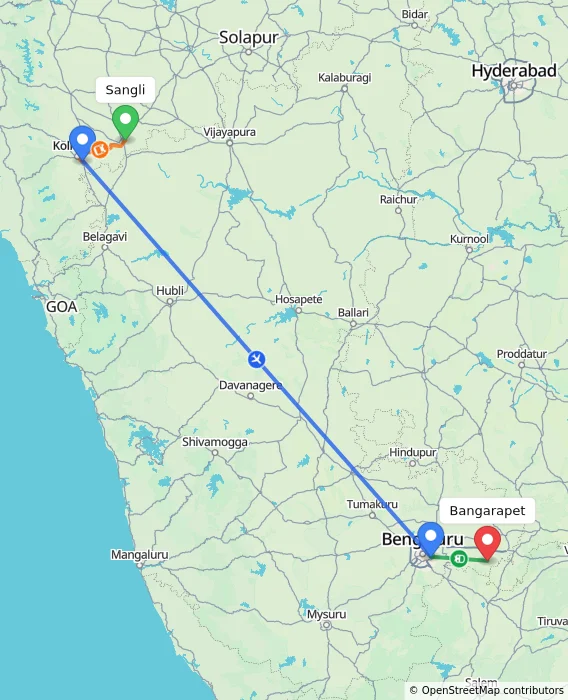 Route map showing distance and travel time from Sangli, India to Bangarapet, India