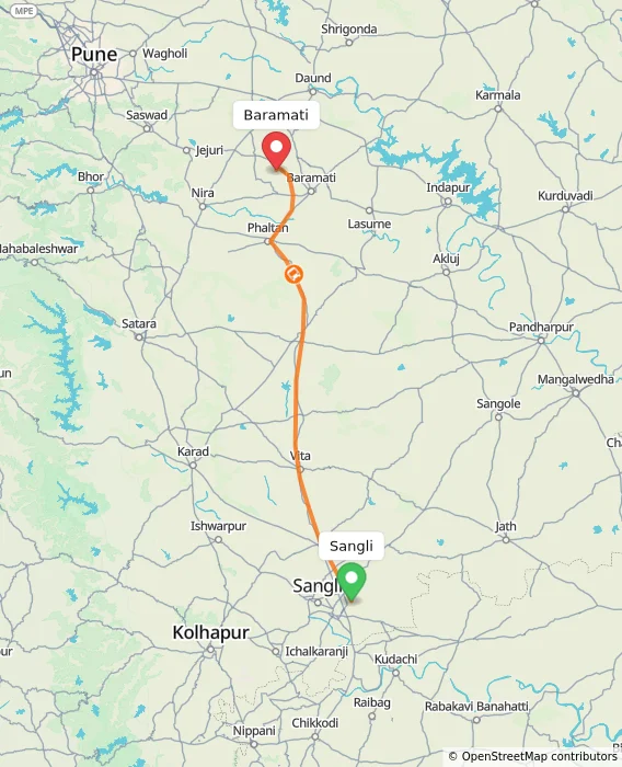 Route map showing distance and travel time from Sangli, India to Baramati, India