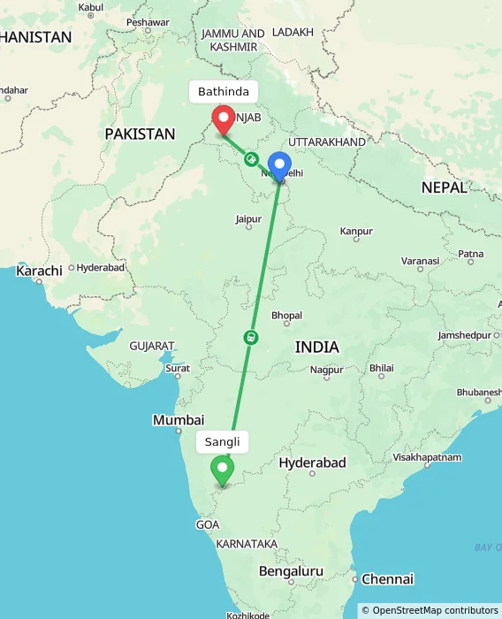 Route map showing distance and travel time from Sangli, India to Bathinda, India