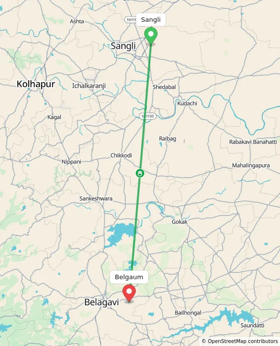 Route map showing distance and travel time from Sangli, India to Belgaum, India