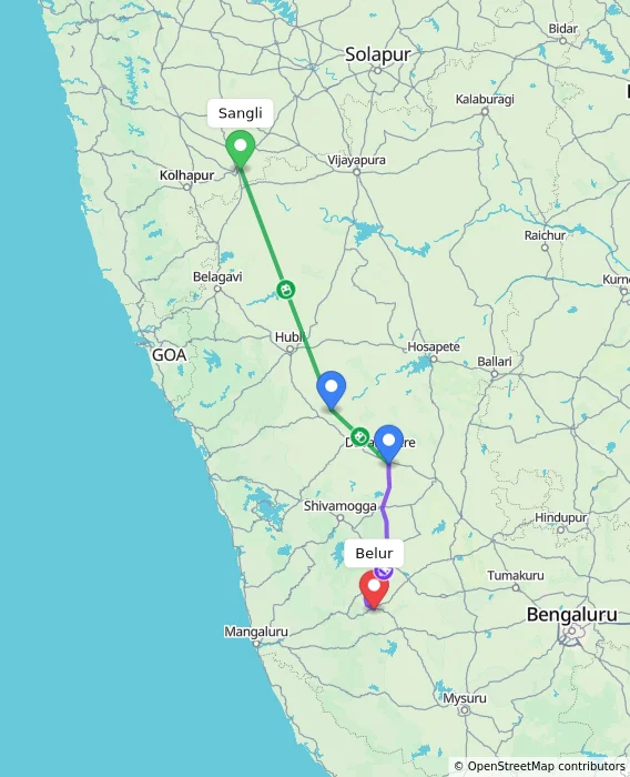 Route map showing distance and travel time from Sangli, India to Belur, India