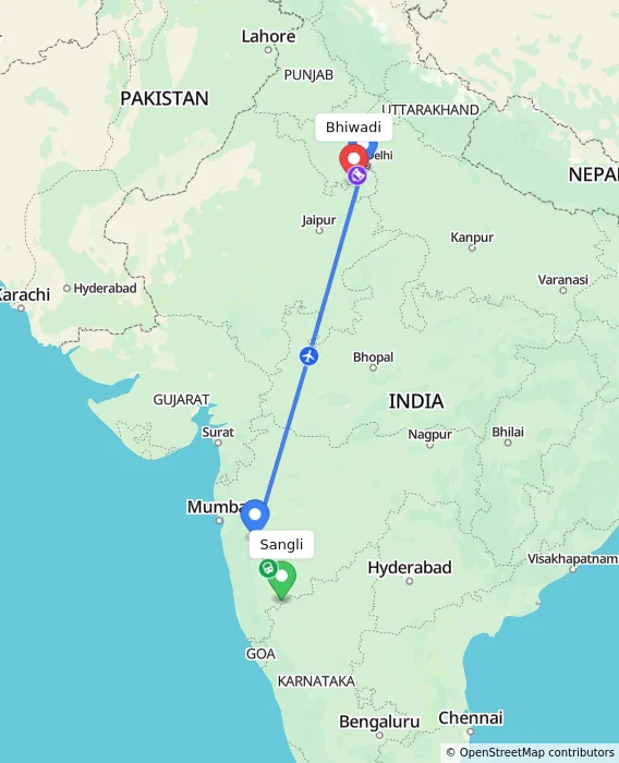 Route map showing distance and travel time from Sangli, India to Bhiwadi, India