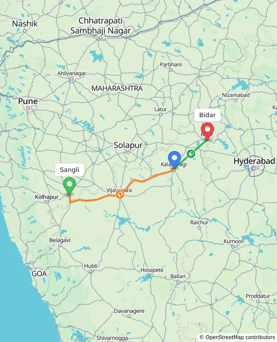 Route map showing distance and travel time from Sangli, India to Bidar, India