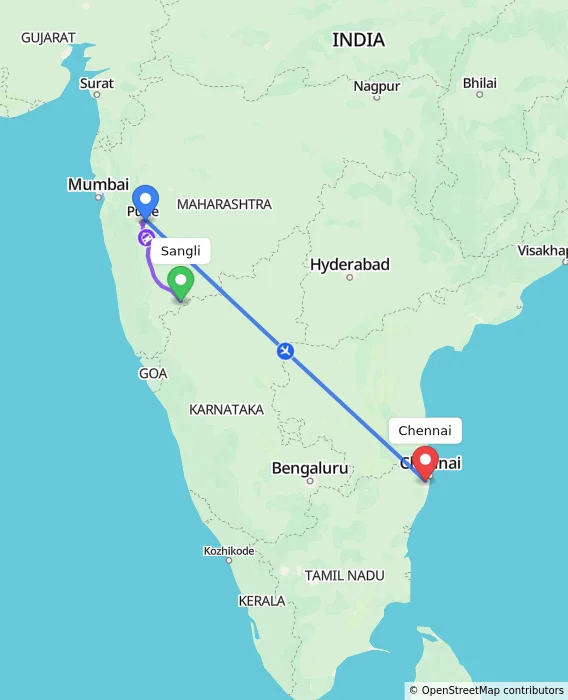 Route map showing distance and travel time from Sangli, India to Chennai, India