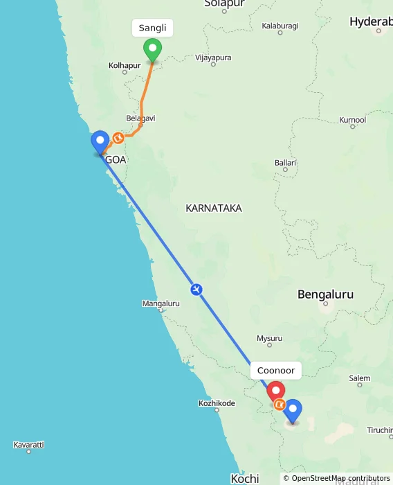Route map showing distance and travel time from Sangli, India to Coonoor, India