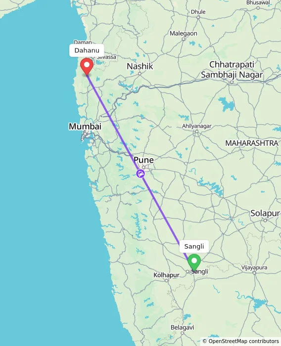 Route map showing distance and travel time from Sangli, India to Dahanu, India