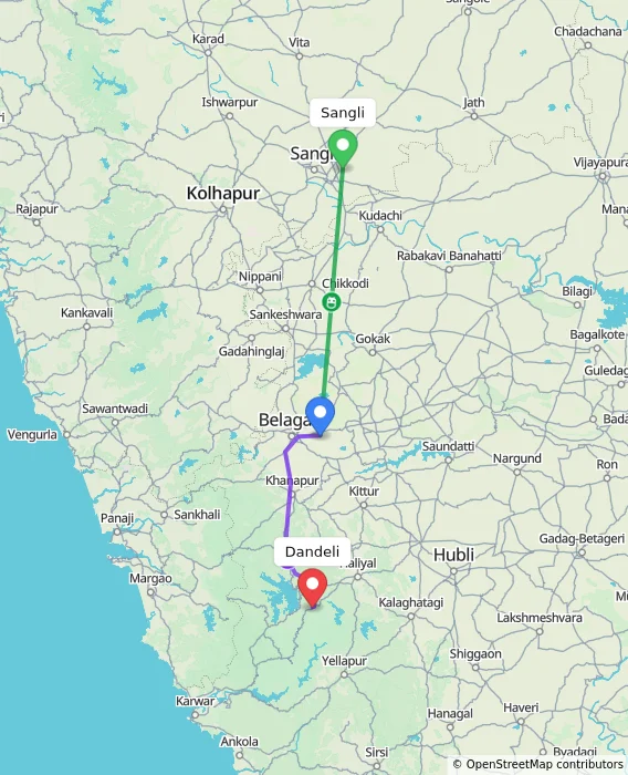 Route map showing distance and travel time from Sangli, India to Dandeli, India