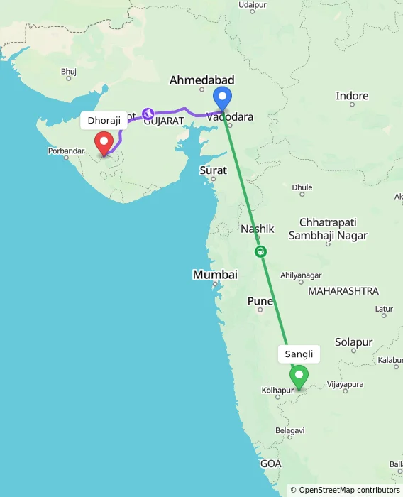 Route map showing distance and travel time from Sangli, India to Dhoraji, India