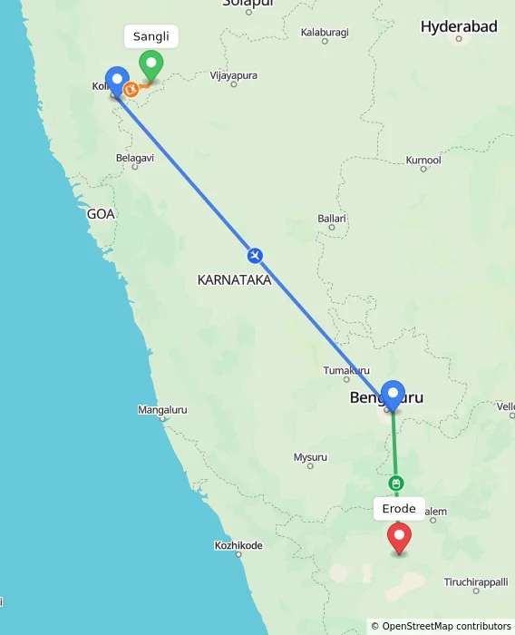 Route map showing distance and travel time from Sangli, India to Erode, India