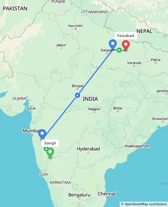 Route map showing distance and travel time from Sangli, India to Faizabad, India