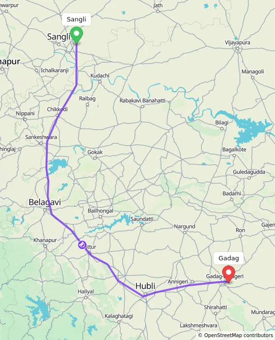 Route map showing distance and travel time from Sangli, India to Gadag, India