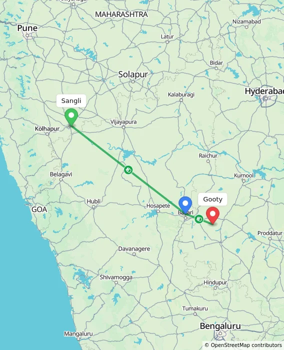 Route map showing distance and travel time from Sangli, India to Gooty, India