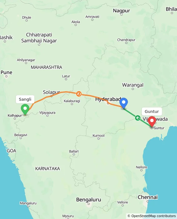 Route map showing distance and travel time from Sangli, India to Guntur, India