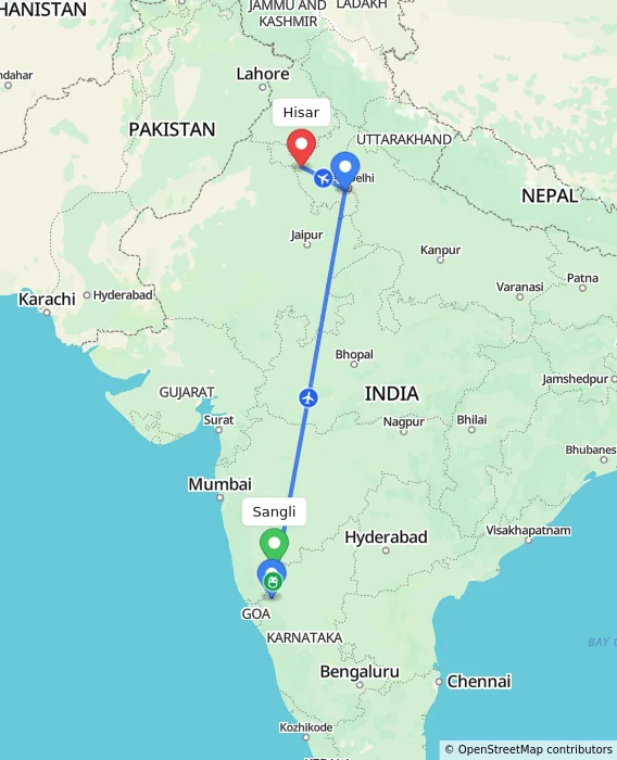 Route map showing distance and travel time from Sangli, India to Hisar, India