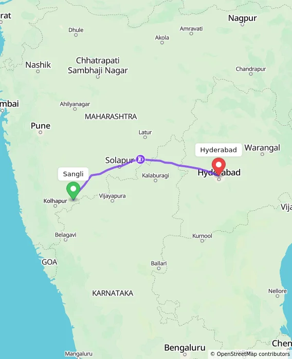 Route map showing distance and travel time from Sangli, India to Hyderabad, India