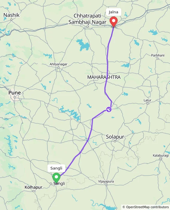Route map showing distance and travel time from Sangli, India to Jalna, India