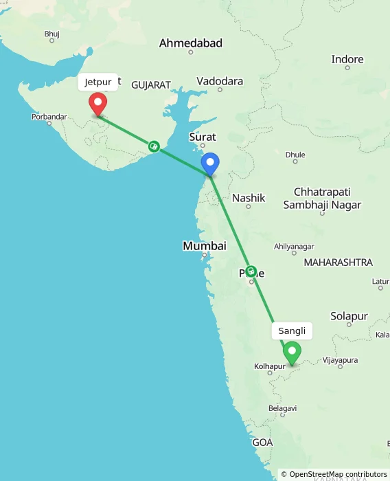 Route map showing distance and travel time from Sangli, India to Jetpur, India