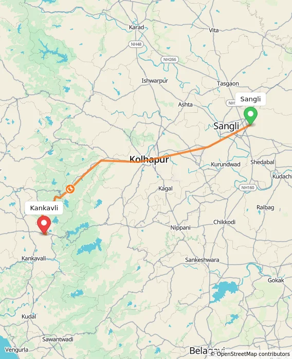 Route map showing distance and travel time from Sangli, India to Kankavli, India