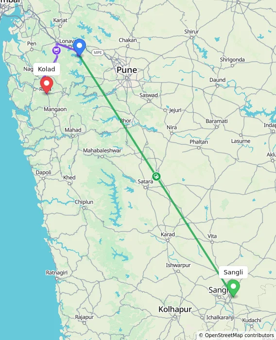 Route map showing distance and travel time from Sangli, India to Kolad, India